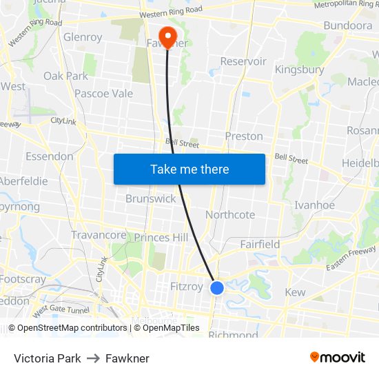 Victoria Park to Fawkner map