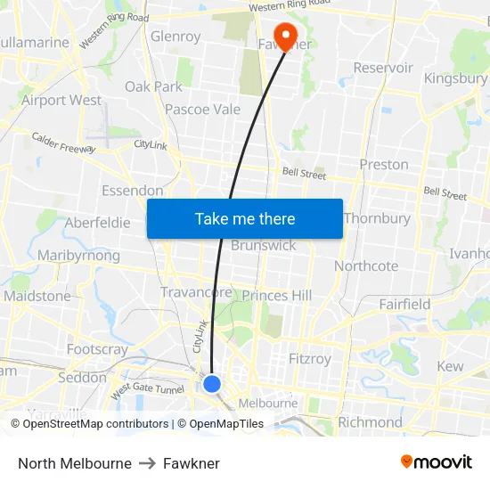 North Melbourne to Fawkner map