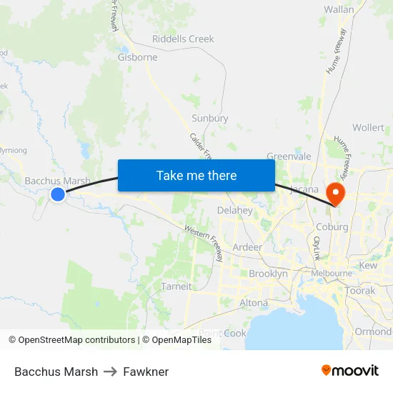 Bacchus Marsh to Fawkner map