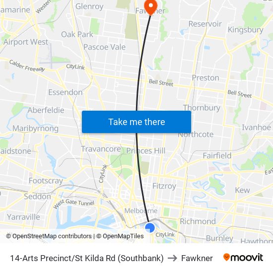 14-Arts Precinct/St Kilda Rd (Southbank) to Fawkner map