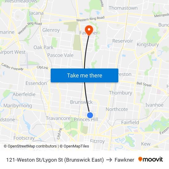 121-Weston St/Lygon St (Brunswick East) to Fawkner map