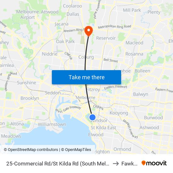 25-Commercial Rd/St Kilda Rd (South Melbourne) to Fawkner map