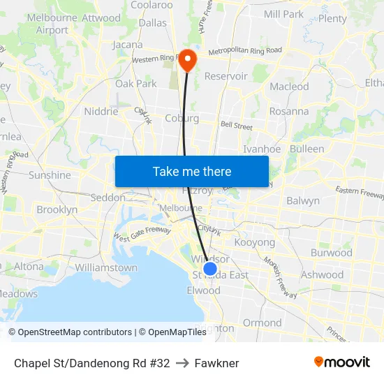 Chapel St/Dandenong Rd #32 to Fawkner map