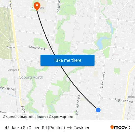 Jacka St/Gilbert Rd #45 to Fawkner map