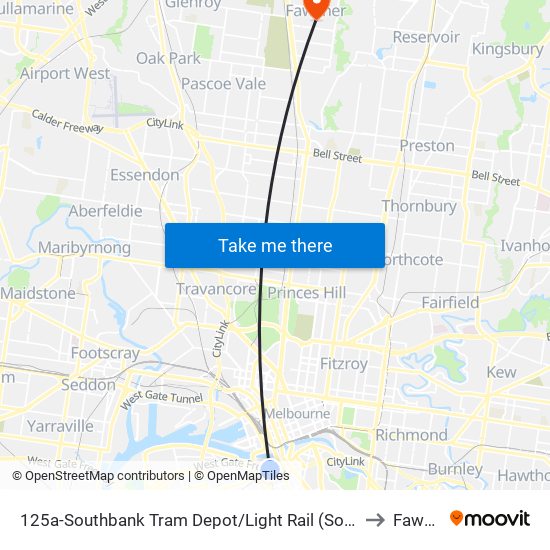 125a-Southbank Tram Depot/Light Rail (South Melbourne) to Fawkner map