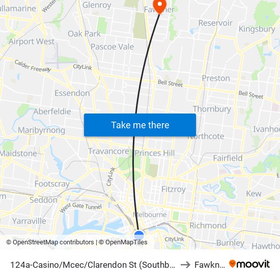 124a-Casino/Mcec/Clarendon St (Southbank) to Fawkner map