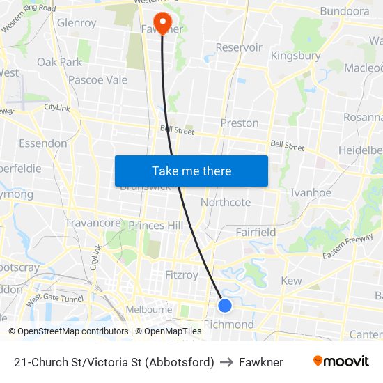 21-Church St/Victoria St (Abbotsford) to Fawkner map