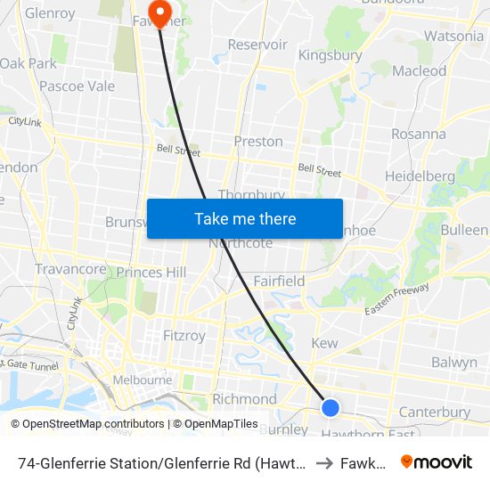 74-Glenferrie Station/Glenferrie Rd (Hawthorn) to Fawkner map