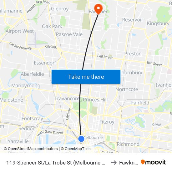 119-Spencer St/La Trobe St (Melbourne City) to Fawkner map