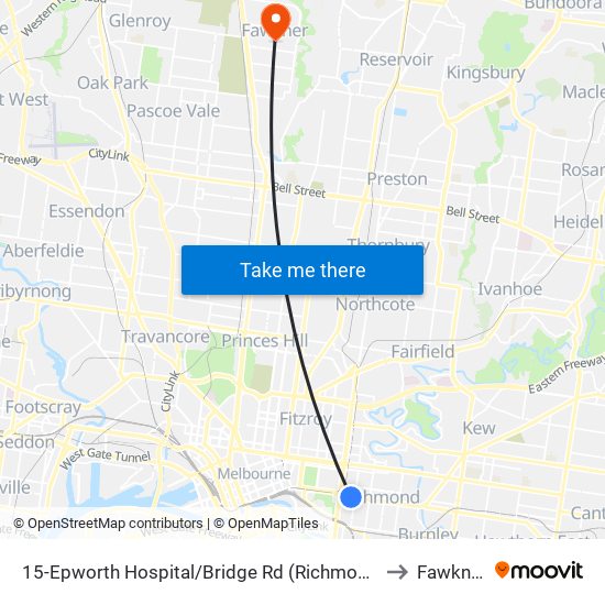 15-Epworth Hospital/Bridge Rd (Richmond) to Fawkner map