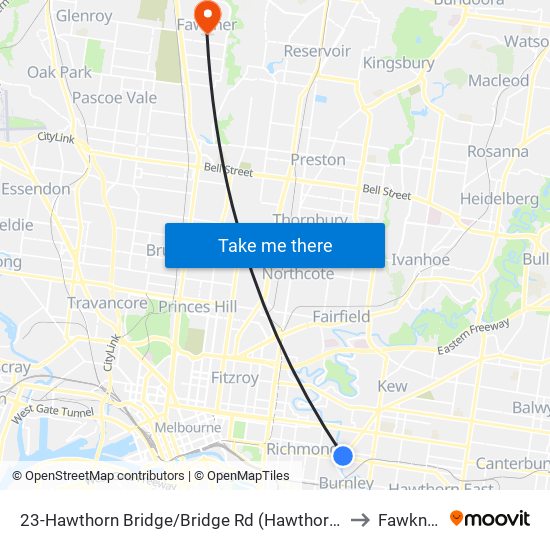 23-Hawthorn Bridge/Bridge Rd (Hawthorn) to Fawkner map