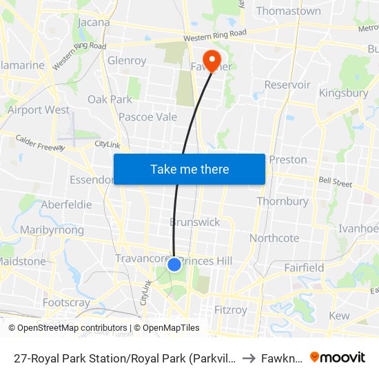 27-Royal Park Station/Royal Park (Parkville) to Fawkner map