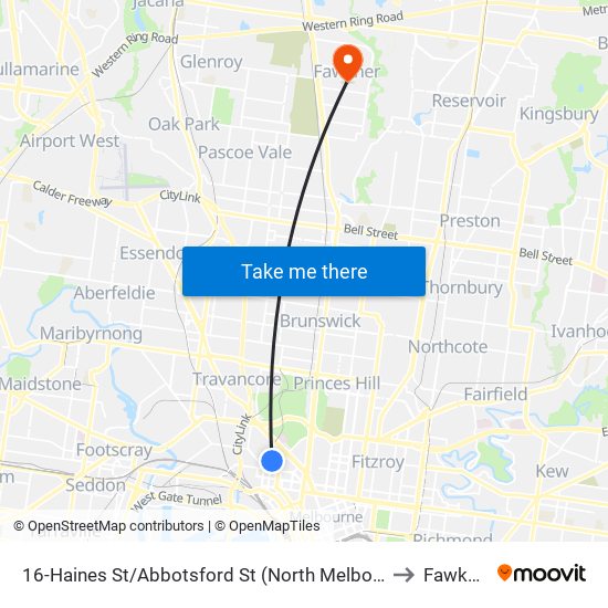 16-Haines St/Abbotsford St (North Melbourne) to Fawkner map