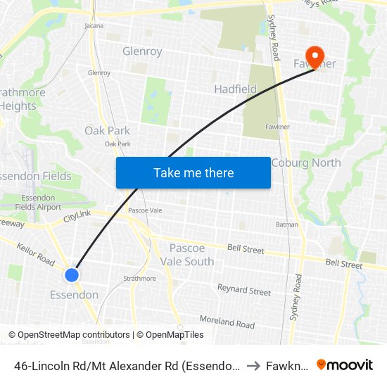 46-Lincoln Rd/Mt Alexander Rd (Essendon) to Fawkner map