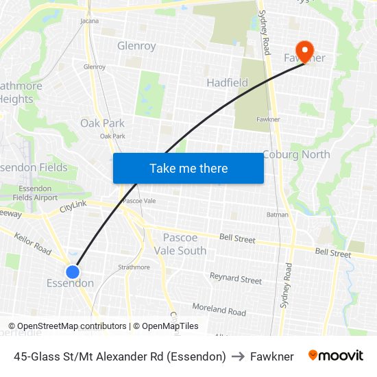 45-Glass St/Mt Alexander Rd (Essendon) to Fawkner map