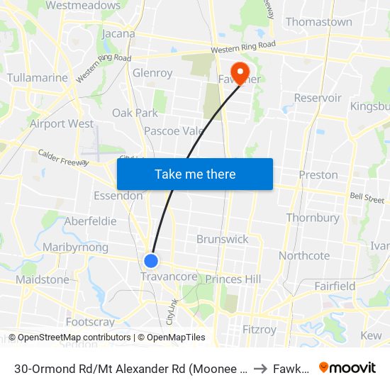 30-Ormond Rd/Mt Alexander Rd (Moonee Ponds) to Fawkner map