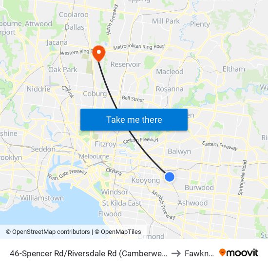 46-Spencer Rd/Riversdale Rd (Camberwell) to Fawkner map