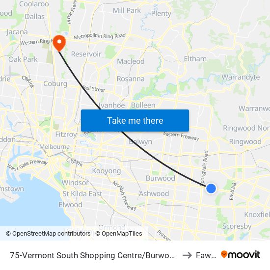 75-Vermont South Shopping Centre/Burwood Hwy (Vermont South) to Fawkner map