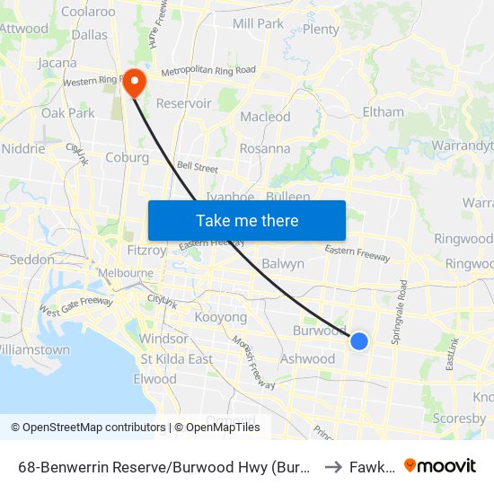 68-Benwerrin Reserve/Burwood Hwy (Burwood East) to Fawkner map