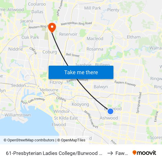 61-Presbyterian Ladies College/Burwood Hwy (Burwood) to Fawkner map