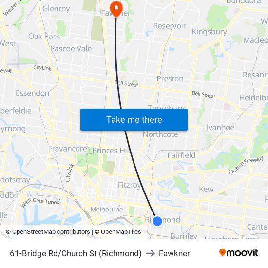 61-Bridge Rd/Church St (Richmond) to Fawkner map