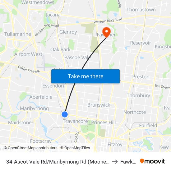 34-Ascot Vale Rd/Maribyrnong Rd (Moonee Ponds) to Fawkner map