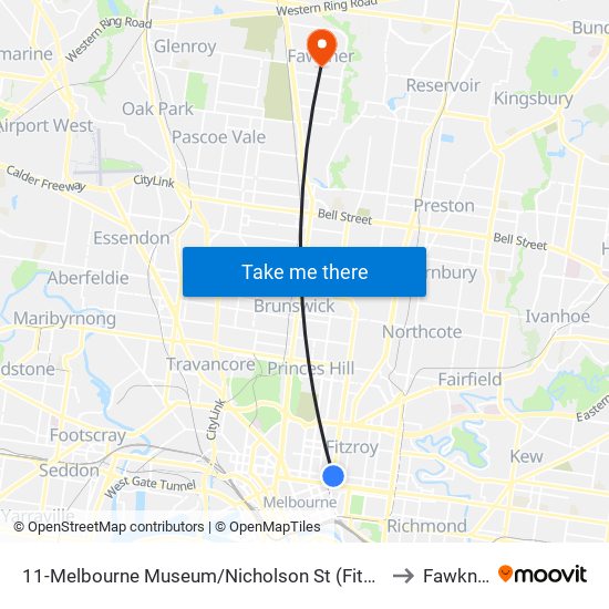 11-Melbourne Museum/Nicholson St (Fitzroy) to Fawkner map