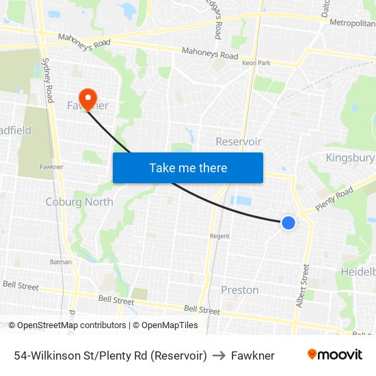 54-Wilkinson St/Plenty Rd (Reservoir) to Fawkner map