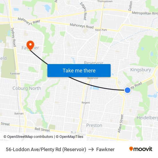 56-Loddon Ave/Plenty Rd (Reservoir) to Fawkner map