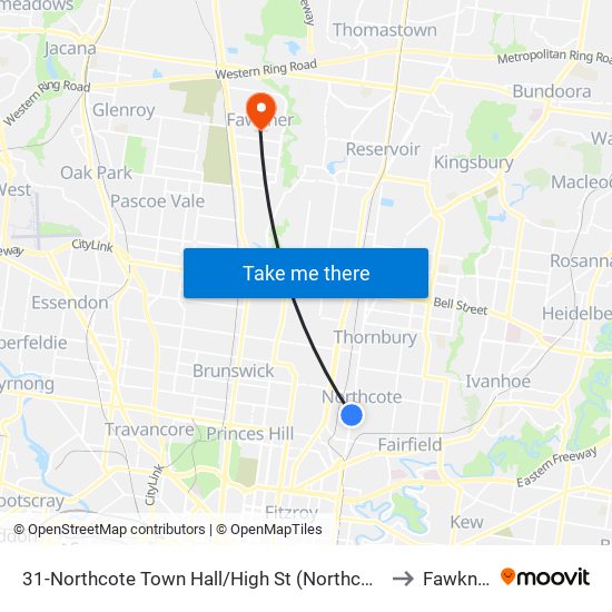 31-Northcote Town Hall/High St (Northcote) to Fawkner map