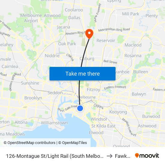 126-Montague St/Light Rail (South Melbourne) to Fawkner map