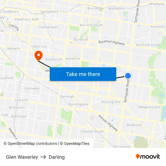 Glen Waverley to Darling map