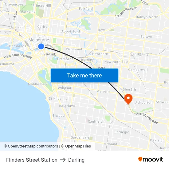 Flinders Street Station to Darling map