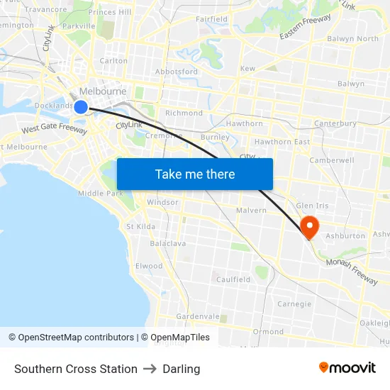 Southern Cross Station to Darling map