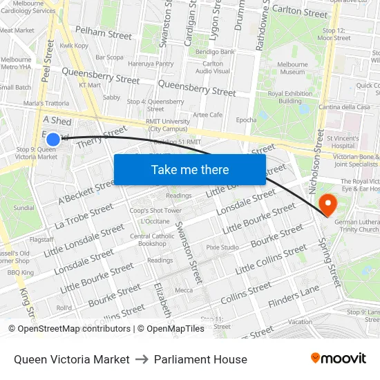 Queen Victoria Market to Parliament House map