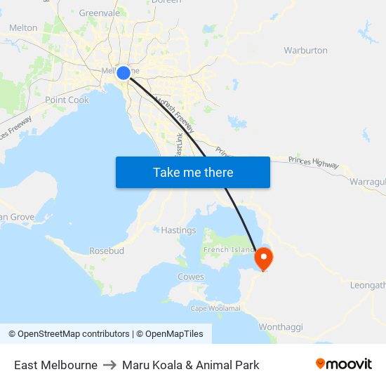 East Melbourne to Maru Koala & Animal Park map