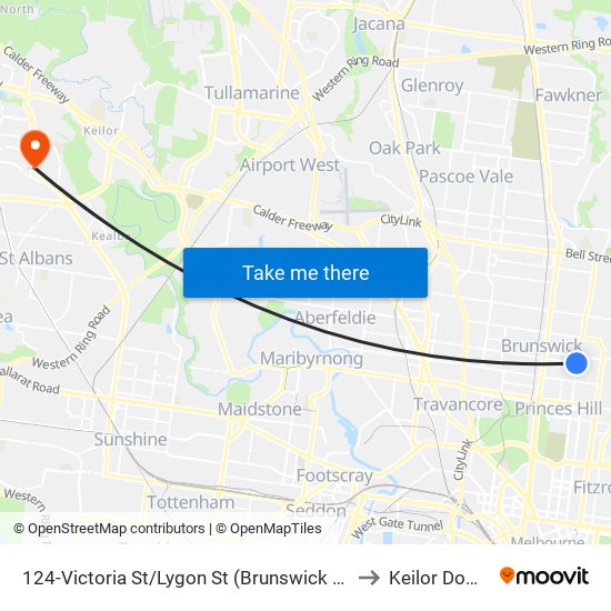 124-Victoria St/Lygon St (Brunswick East) to Keilor Downs map
