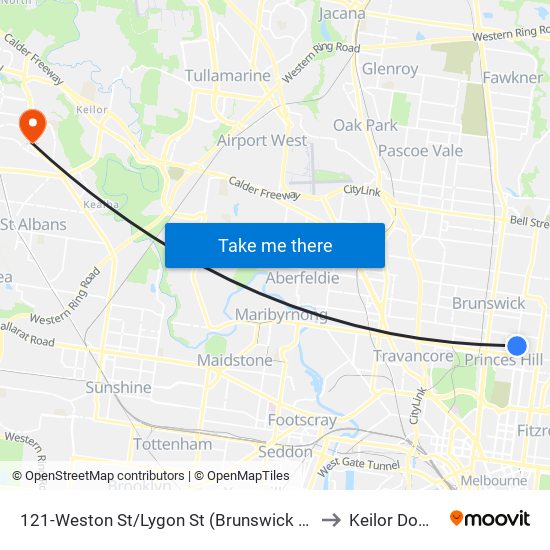 121-Weston St/Lygon St (Brunswick East) to Keilor Downs map