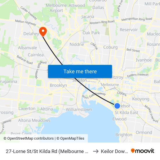 27-Lorne St/St Kilda Rd (Melbourne City) to Keilor Downs map