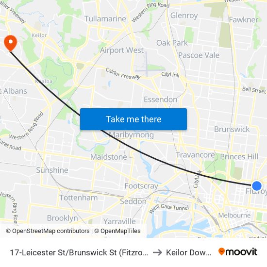17-Leicester St/Brunswick St (Fitzroy) to Keilor Downs map