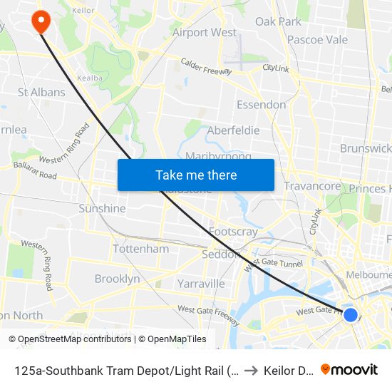 125a-Southbank Tram Depot/Light Rail (South Melbourne) to Keilor Downs map