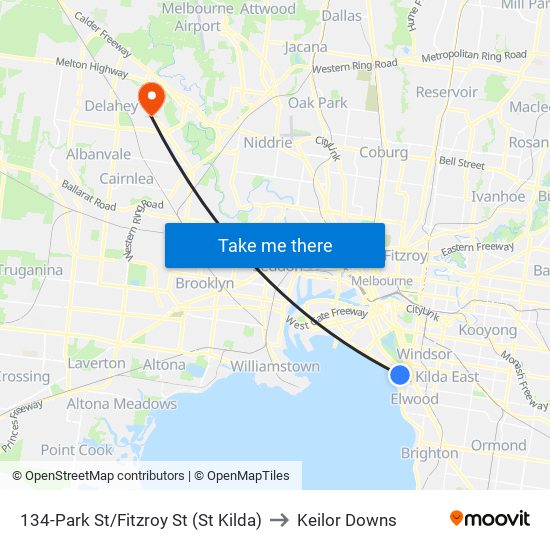 134-Park St/Fitzroy St (St Kilda) to Keilor Downs map