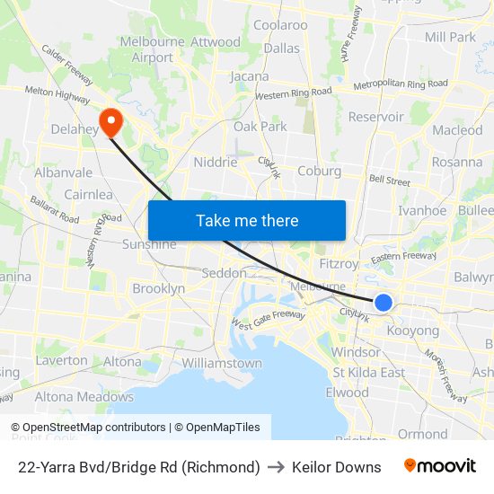 22-Yarra Bvd/Bridge Rd (Richmond) to Keilor Downs map