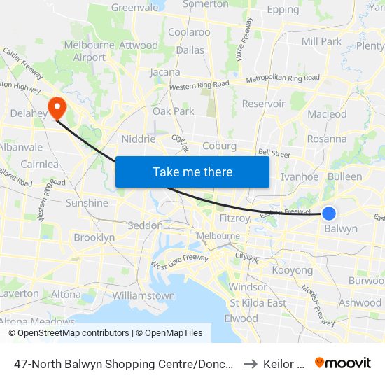 47-North Balwyn Shopping Centre/Doncaster Rd (Balwyn North) to Keilor Downs map