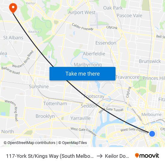 117-York St/Kings Way (South Melbourne) to Keilor Downs map