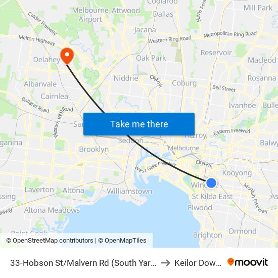 33-Hobson St/Malvern Rd (South Yarra) to Keilor Downs map