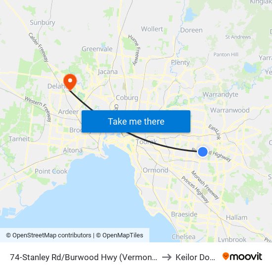 74-Stanley Rd/Burwood Hwy (Vermont South) to Keilor Downs map