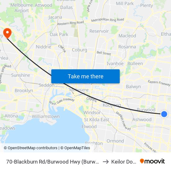70-Blackburn Rd/Burwood Hwy (Burwood East) to Keilor Downs map