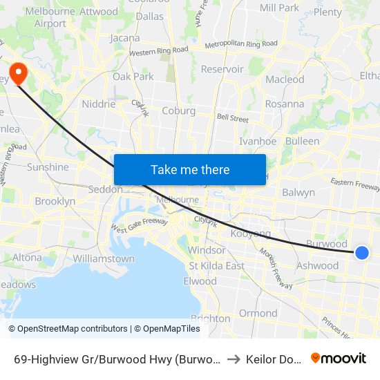 69-Highview Gr/Burwood Hwy (Burwood East) to Keilor Downs map