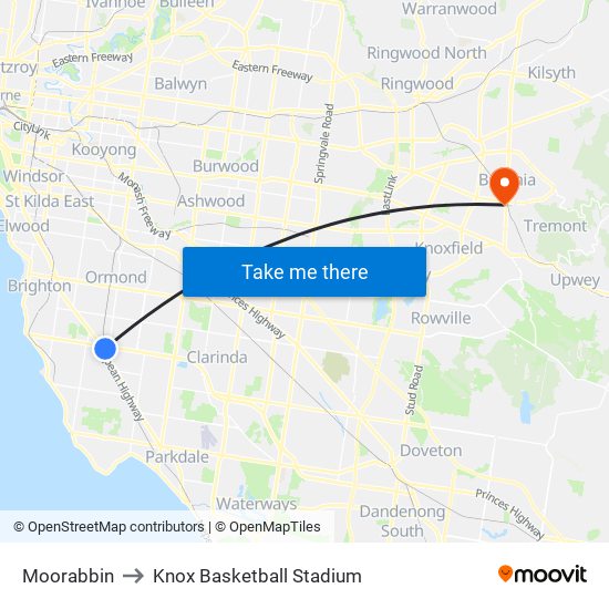 Moorabbin to Knox Basketball Stadium map